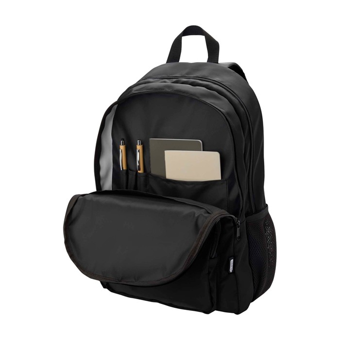 Mochila para portátil de poliéster reciclado con bolsillo PC 15” color negro cuarta vista Mochila para portátil de poliéster reciclado con bolsillo PC 15” color negro cuarta vista