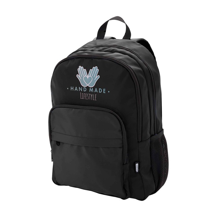 Mochila para portátil de poliéster reciclado con bolsillo PC 15” color negro vista impresión transfer Mochila para portátil de poliéster reciclado con bolsillo PC 15” color negro vista impresión transfer