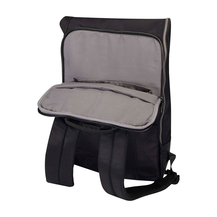 Mochila de viaje con tapa enrollable y varios bolsillos PC 15” color negro cuarta vista Mochila de viaje con tapa enrollable y varios bolsillos PC 15” color negro cuarta vista