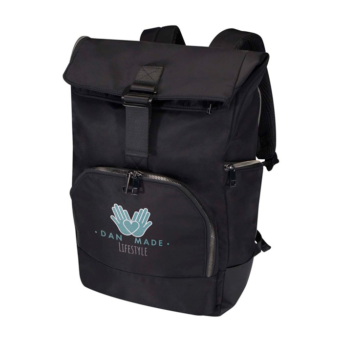 Mochila de viaje con tapa enrollable y varios bolsillos PC 15” color negro vista impresión transfer Mochila de viaje con tapa enrollable y varios bolsillos PC 15” color negro vista impresión transfer