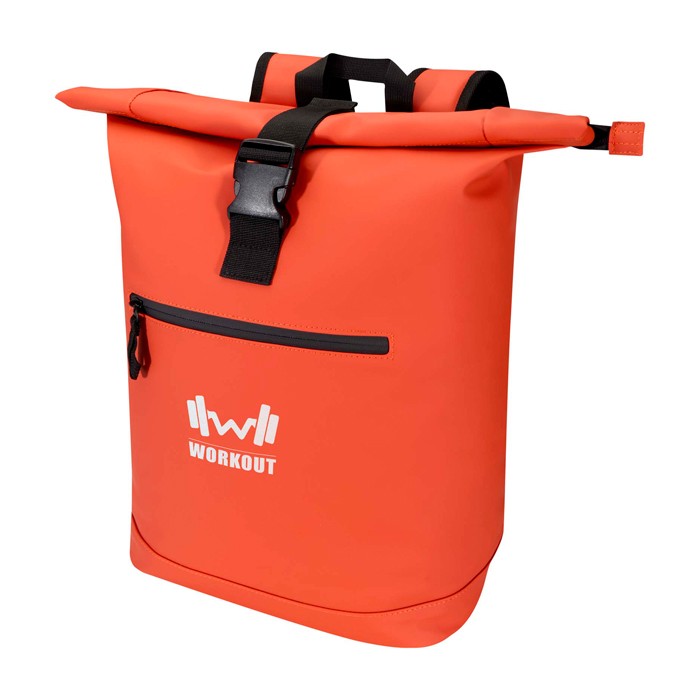 Mochila enrollable de piel sintética impermeable para PC 15” color salmón vista impresión transfer Mochila enrollable de piel sintética impermeable para PC 15” color salmón vista impresión transfer