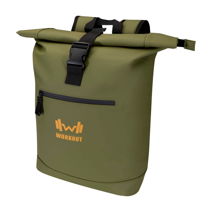 Mochila enrollable de piel sintética impermeable para PC 15” color verde oscuro vista impresión transfer Mochila enrollable de piel sintética impermeable para PC 15” color verde oscuro vista impresión transfer