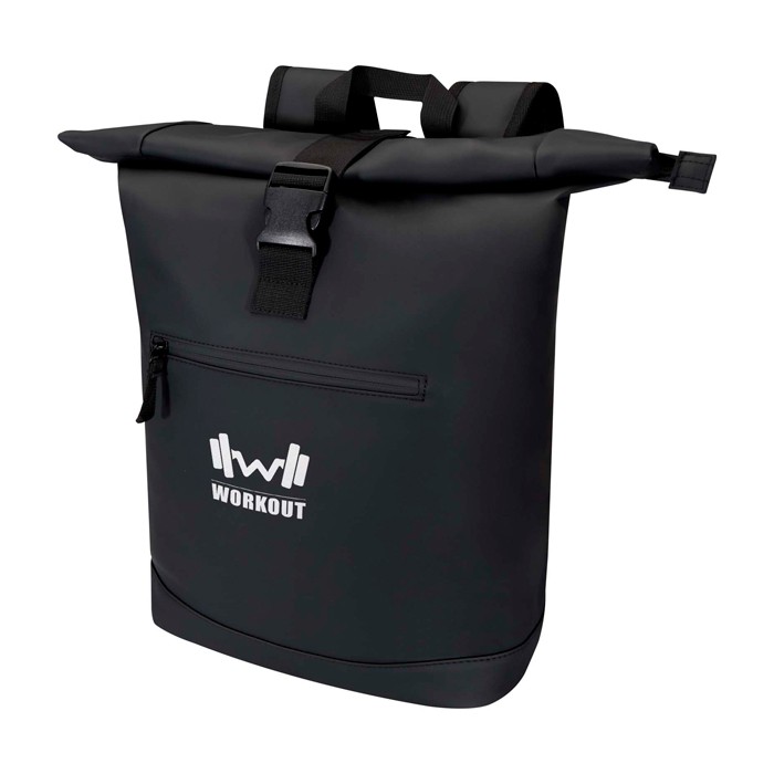 Mochila enrollable de piel sintética impermeable para PC 15” color negro vista impresión transfer Mochila enrollable de piel sintética impermeable para PC 15” color negro vista impresión transfer