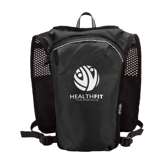 Chaleco de hidratación para running impermeable y reflectante color negro vista trasera con logo Chaleco de hidratación para running impermeable y reflectante color negro vista trasera con logo