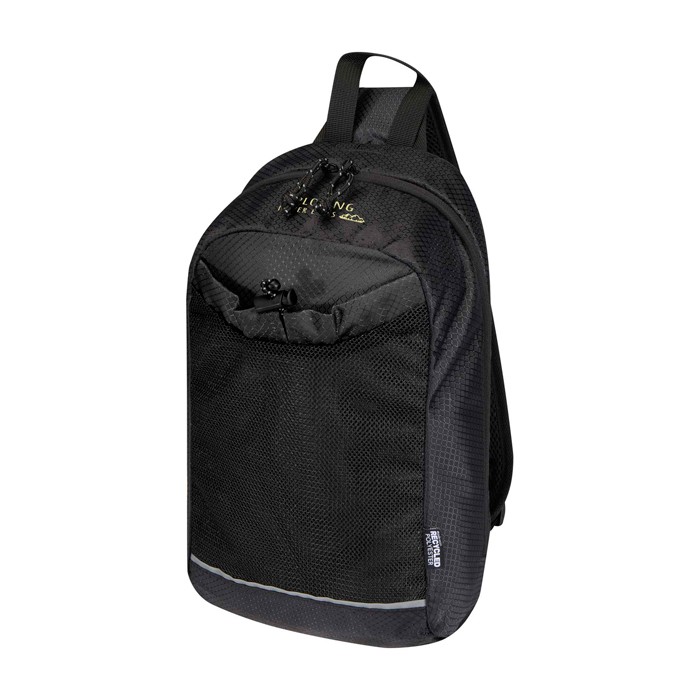 Bolsa bandolera de hidratación con tejido reciclado impermeable 6L color negro vista impresión transfer