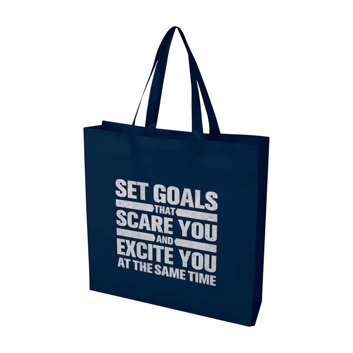 Bolsa para la compra non woven reciclada y duradera con fuelle color azul marino vista impresión serigrafía