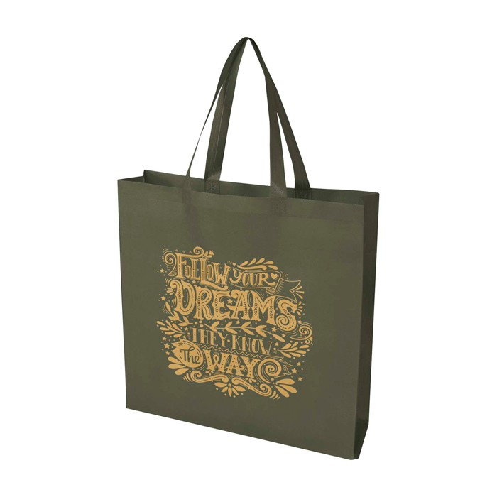 Bolsa para la compra non woven reciclada y duradera con fuelle color verde oscuro vista impresión serigrafía
