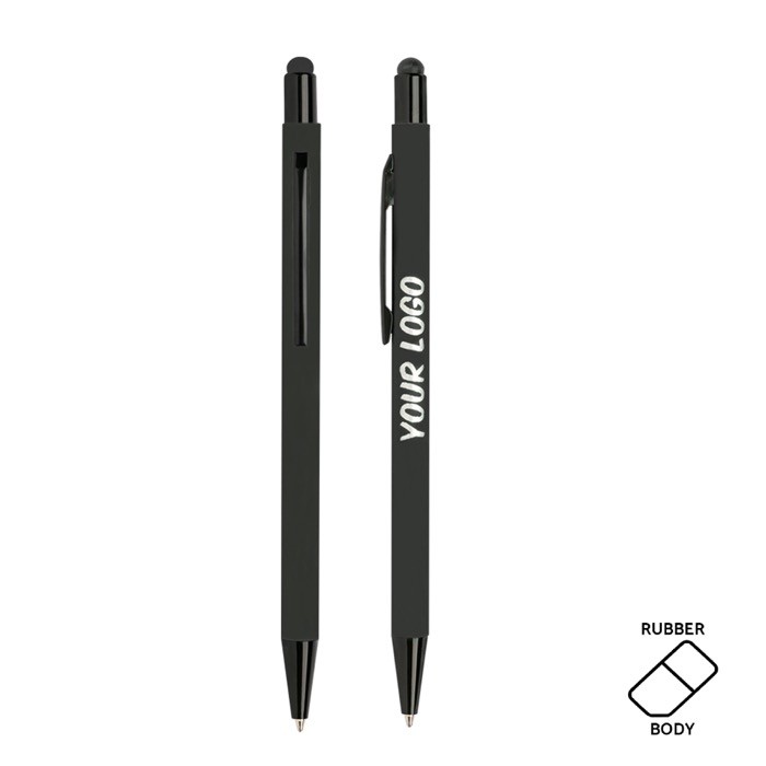 Bolígrafo de aluminio con cuerpo goma y puntero en tinta azul color negro vista con logo impreso