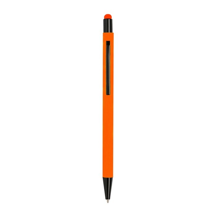 Bolígrafo de aluminio con cuerpo goma y puntero en tinta azul color naranja