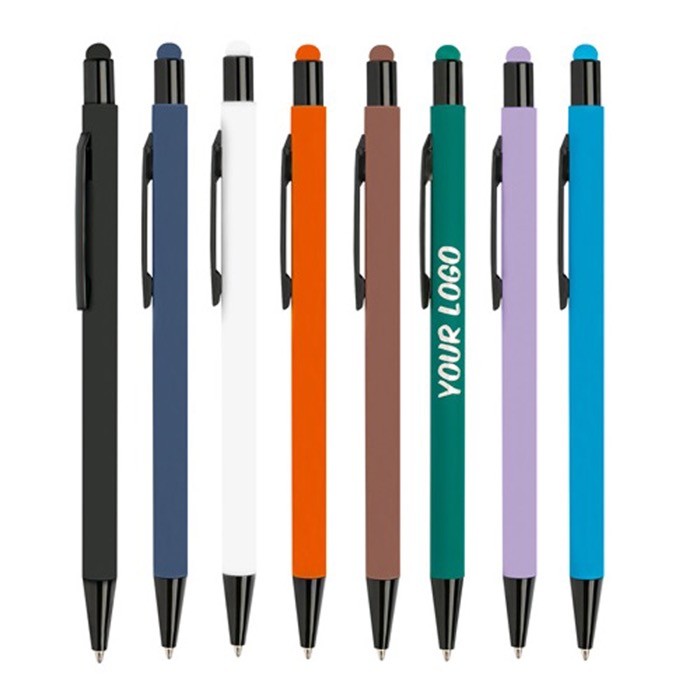 Bolígrafo de aluminio con cuerpo goma y puntero en tinta azul