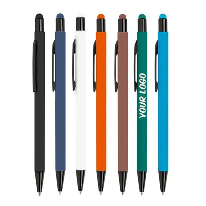 Bolígrafo de aluminio con cuerpo goma y puntero en tinta azul vista con varios colores