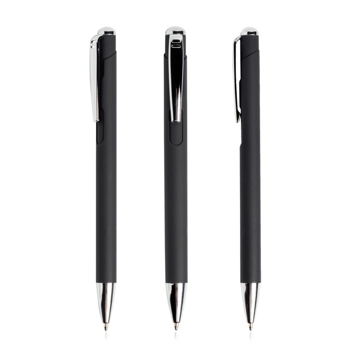 Bolígrafo de aluminio con pulsación y detalles plateados tinta azul color negro vista 11