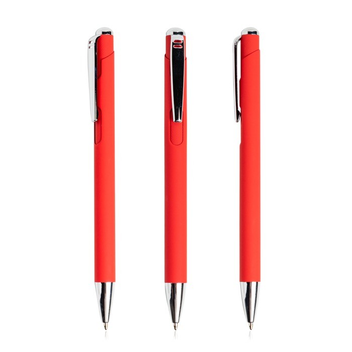 Bolígrafo de aluminio con pulsación y detalles plateados tinta azul color rojo