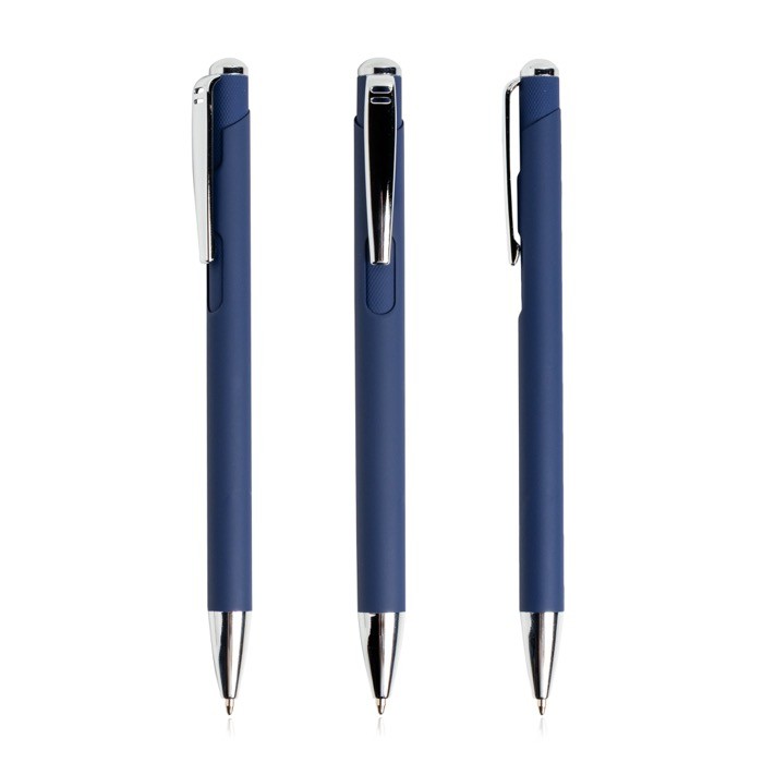 Bolígrafo de aluminio con pulsación y detalles plateados tinta azul color azul marino