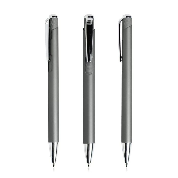 Bolígrafo de aluminio con pulsación y detalles plateados tinta azul color gris oscuro