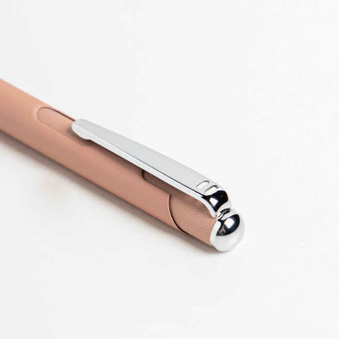 Bolígrafo de aluminio con pulsación y detalles plateados tinta azul