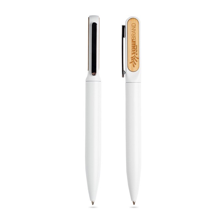 Bolígrafo de metal y bambú con giro y tinta azul Dokumental® color blanco vista con logo impreso Bolígrafo de metal y bambú con giro y tinta azul Dokumental® color blanco vista con logo impreso