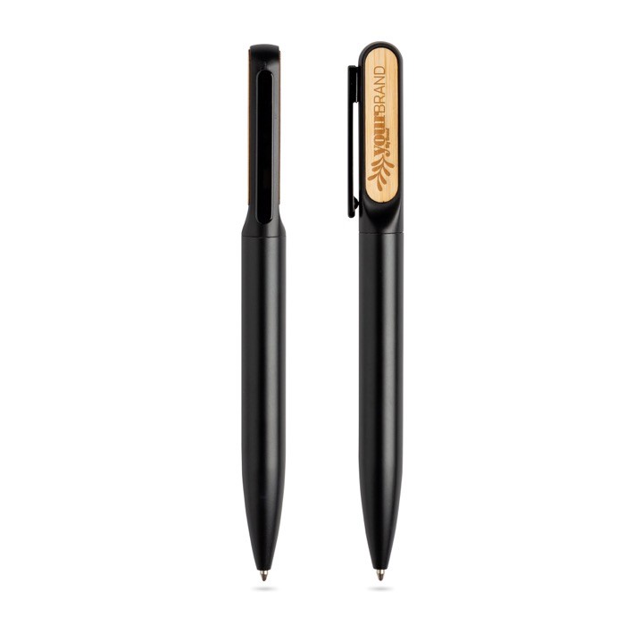 Bolígrafo de metal y bambú con giro y tinta azul Dokumental® color negro vista con logo impreso Bolígrafo de metal y bambú con giro y tinta azul Dokumental® color negro vista con logo impreso