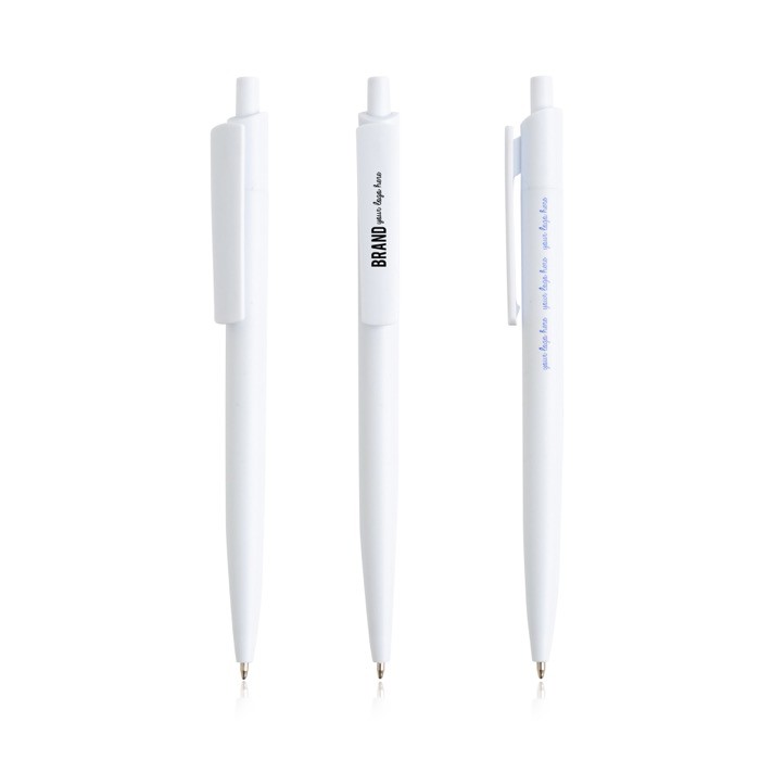 Bolígrafo ecológico con cuerpo monocolor y clip ancho tinta azul color blanco vista con logo impreso Bolígrafo ecológico con cuerpo monocolor y clip ancho tinta azul color blanco vista con logo impreso