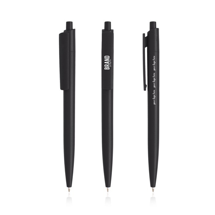 Bolígrafo ecológico con cuerpo monocolor y clip ancho tinta azul color negro vista con logo impreso Bolígrafo ecológico con cuerpo monocolor y clip ancho tinta azul color negro vista con logo impreso