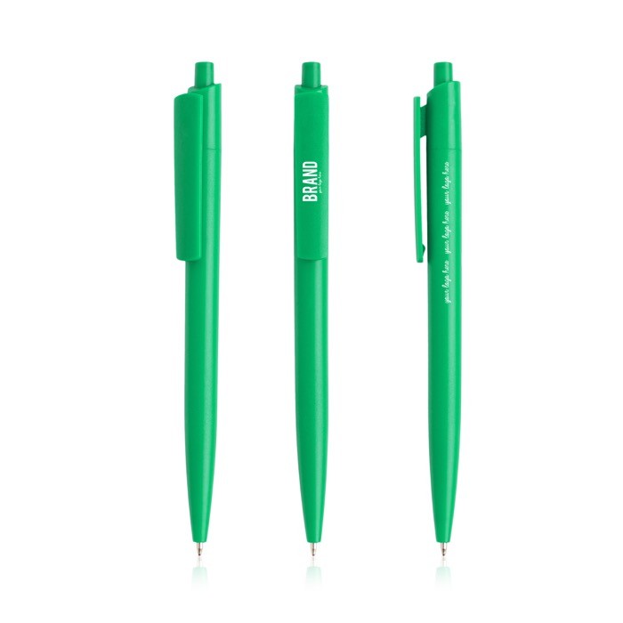 Bolígrafo ecológico con cuerpo monocolor y clip ancho tinta azul color verde vista con logo impreso Bolígrafo ecológico con cuerpo monocolor y clip ancho tinta azul color verde vista con logo impreso