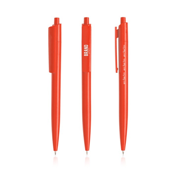 Bolígrafo ecológico con cuerpo monocolor y clip ancho tinta azul color rojo vista con logo impreso Bolígrafo ecológico con cuerpo monocolor y clip ancho tinta azul color rojo vista con logo impreso