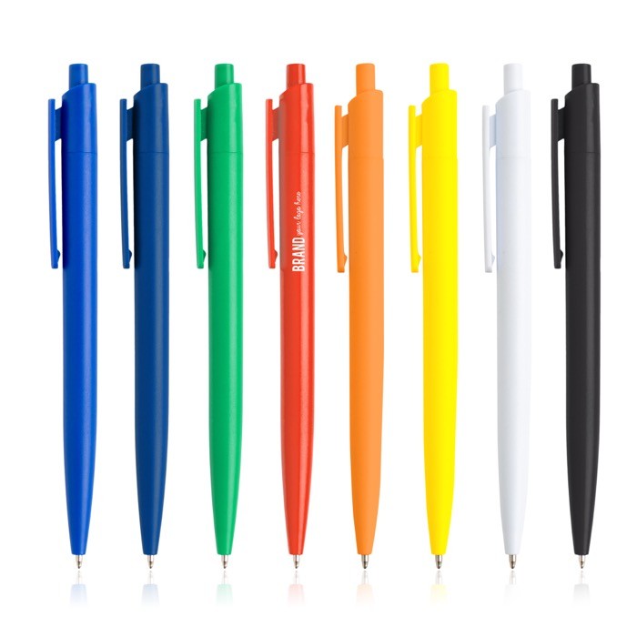 Bolígrafo ecológico con cuerpo monocolor y clip ancho tinta azul vista con logo impreso Bolígrafo ecológico con cuerpo monocolor y clip ancho tinta azul vista con logo impreso