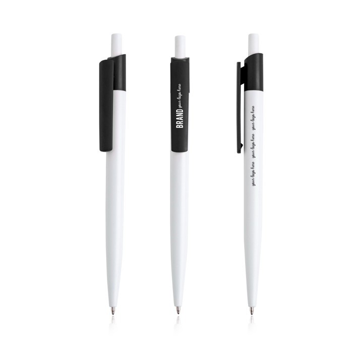 Bolígrafo en plástico reciclado con clip ancho de color tinta azul color negro vista con logo impreso