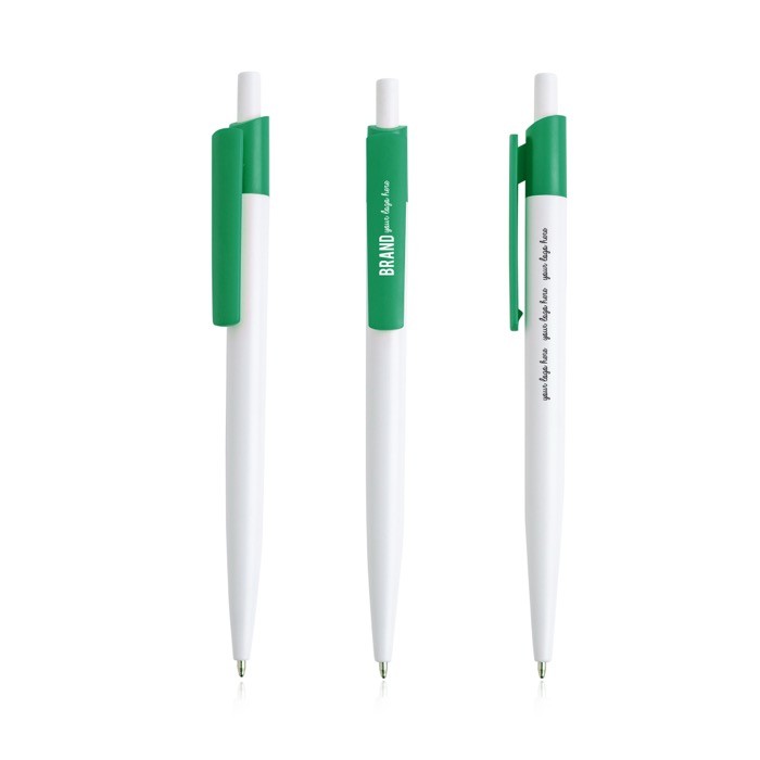 Bolígrafo en plástico reciclado con clip ancho de color tinta azul color verde vista con logo impreso