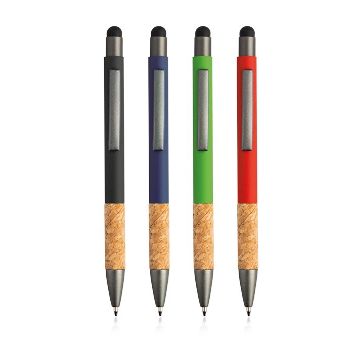 Bolígrafo de aluminio y corcho con tacto de goma tinta azul