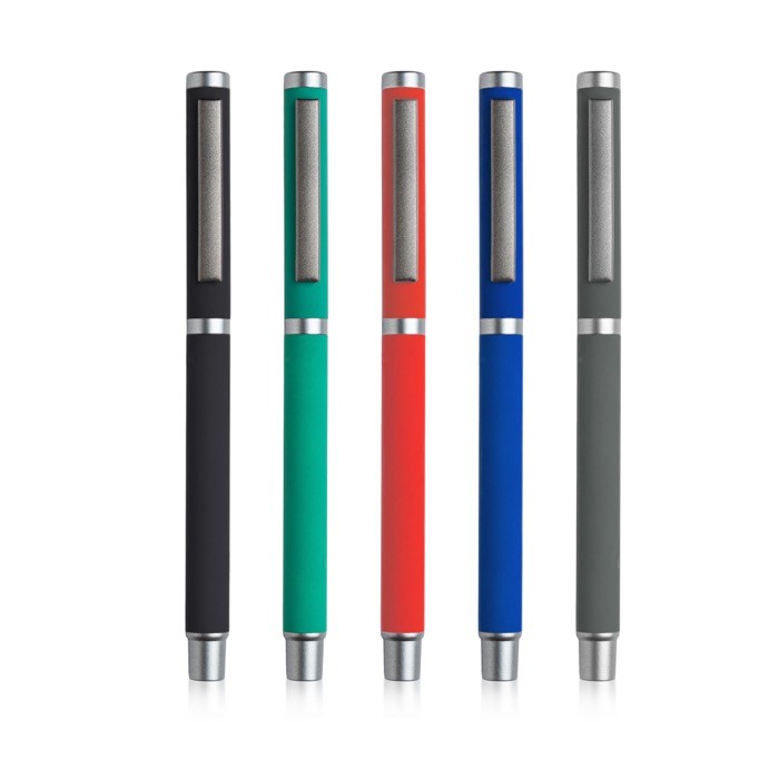 Roller metálico con acabado de goma y tapón con clip tinta azul vista 1