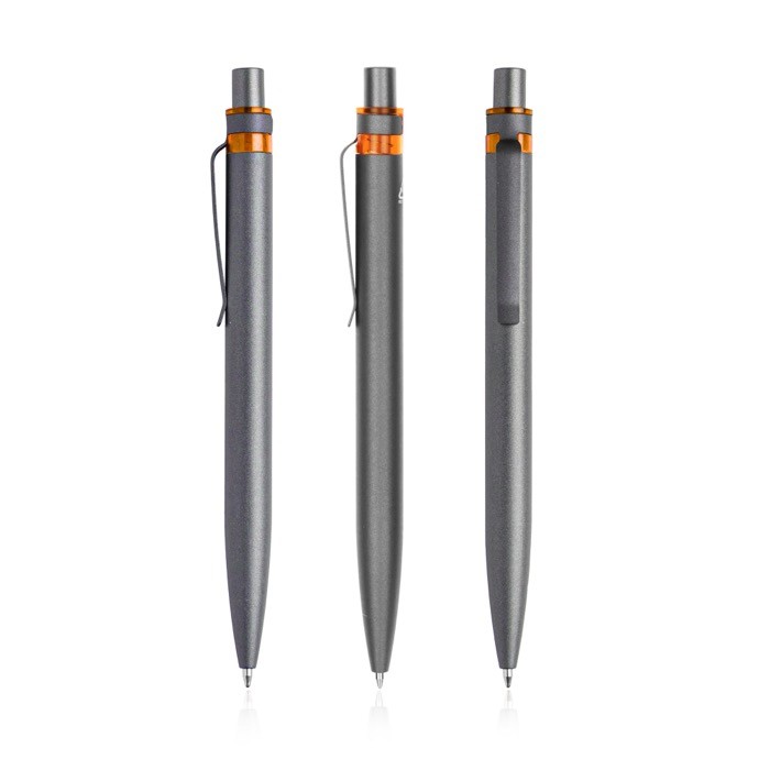 Bolígrafo de aluminio reciclado con detalle a color tinta azul color naranja Bolígrafo de aluminio reciclado con detalle a color tinta azul color naranja