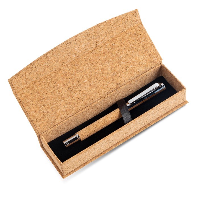 Roller elegante de metal y corcho con caja magnética tinta azul vista 2 Roller elegante de metal y corcho con caja magnética tinta azul vista 2