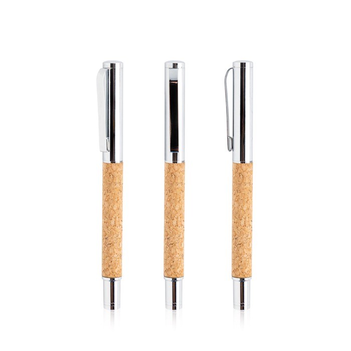 Roller elegante de metal y corcho con caja magnética tinta azul color marrón claro Roller elegante de metal y corcho con caja magnética tinta azul color marrón claro