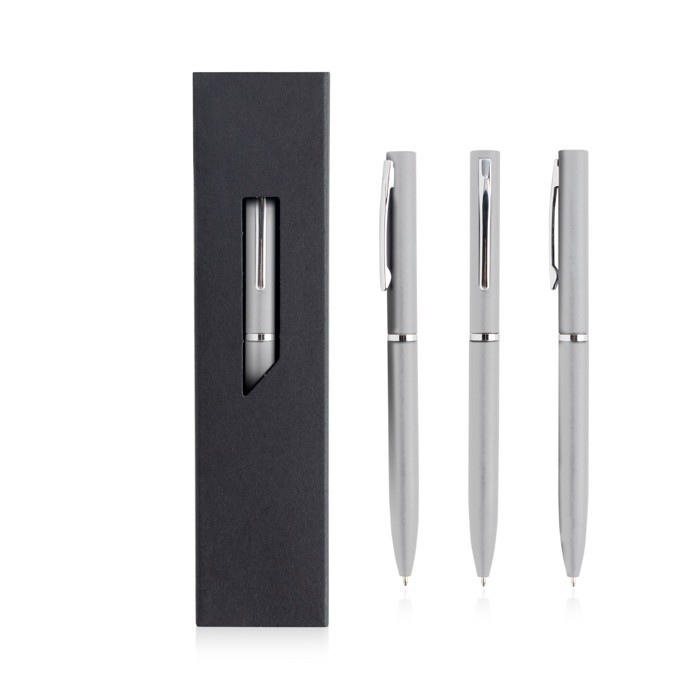 Bolígrafo lujoso de metal en colores mate con funda tinta azul color gris claro Bolígrafo lujoso de metal en colores mate con funda tinta azul color gris claro