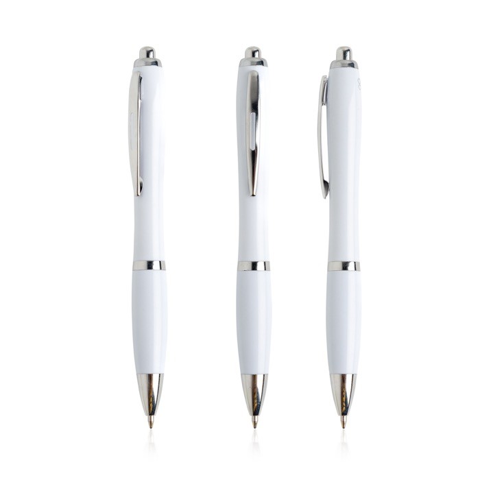 Bolígrafo de plástico de los océanos detalles cromados tinta azul color blanco Bolígrafo de plástico de los océanos detalles cromados tinta azul color blanco