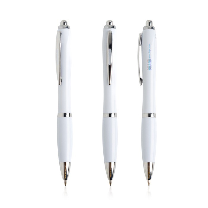 Bolígrafo de plástico de los océanos detalles cromados tinta azul color blanco vista con logo impreso Bolígrafo de plástico de los océanos detalles cromados tinta azul color blanco vista con logo impreso