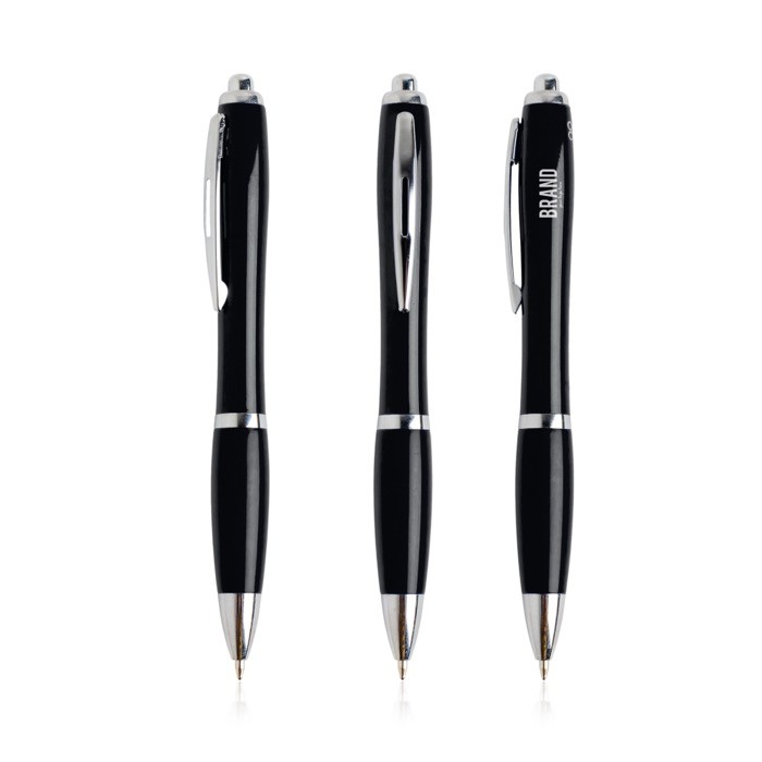 Bolígrafo de plástico de los océanos detalles cromados tinta azul color negro vista con logo impreso Bolígrafo de plástico de los océanos detalles cromados tinta azul color negro vista con logo impreso