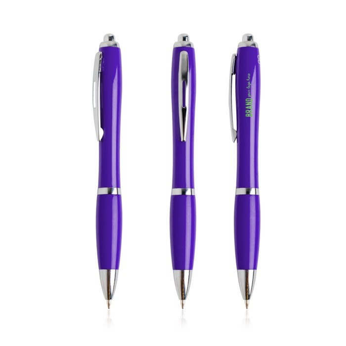 Bolígrafo de plástico de los océanos detalles cromados tinta azul color violeta vista con logo impreso Bolígrafo de plástico de los océanos detalles cromados tinta azul color violeta vista con logo impreso