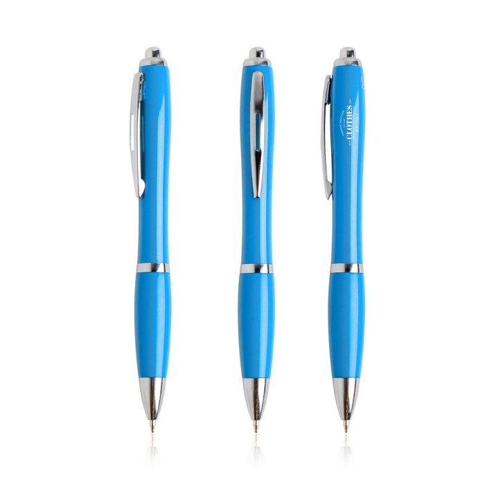 Bolígrafo de plástico de los océanos detalles cromados tinta azul color turquesa vista con logo impreso Bolígrafo de plástico de los océanos detalles cromados tinta azul color turquesa vista con logo impreso