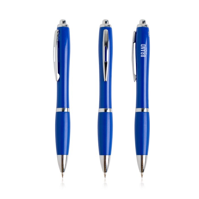 Bolígrafo de plástico de los océanos detalles cromados tinta azul color azul real vista con logo impreso Bolígrafo de plástico de los océanos detalles cromados tinta azul color azul real vista con logo impreso