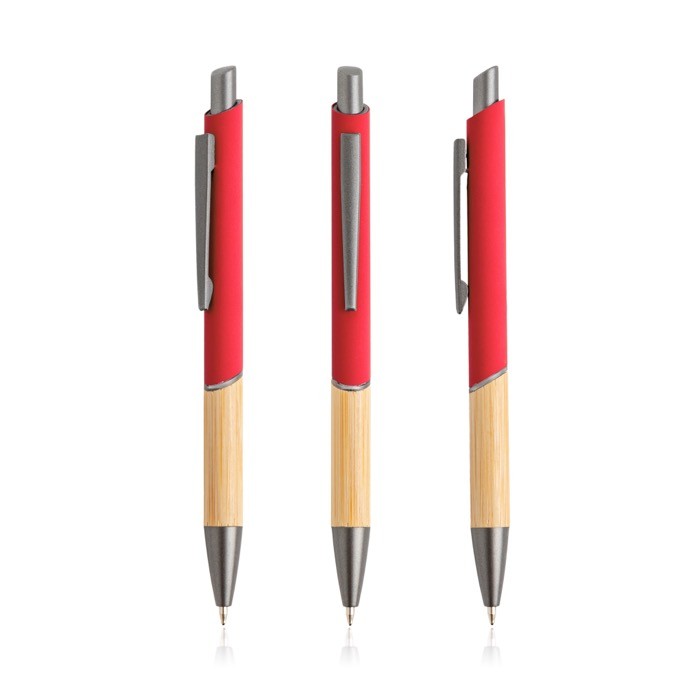 Bolígrafo de aluminio reciclado con empuñadura de bambú tinta azul color rojo