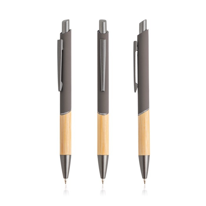 Bolígrafo de aluminio reciclado con empuñadura de bambú tinta azul color gris oscuro