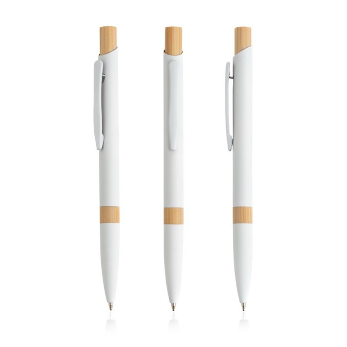 Bolígrafo de aluminio reciclado con detalles de bambú tinta azul color blanco