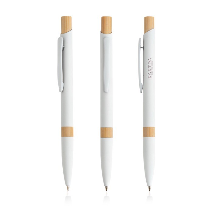 Bolígrafo de aluminio reciclado con detalles de bambú tinta azul color blanco vista con logo impreso