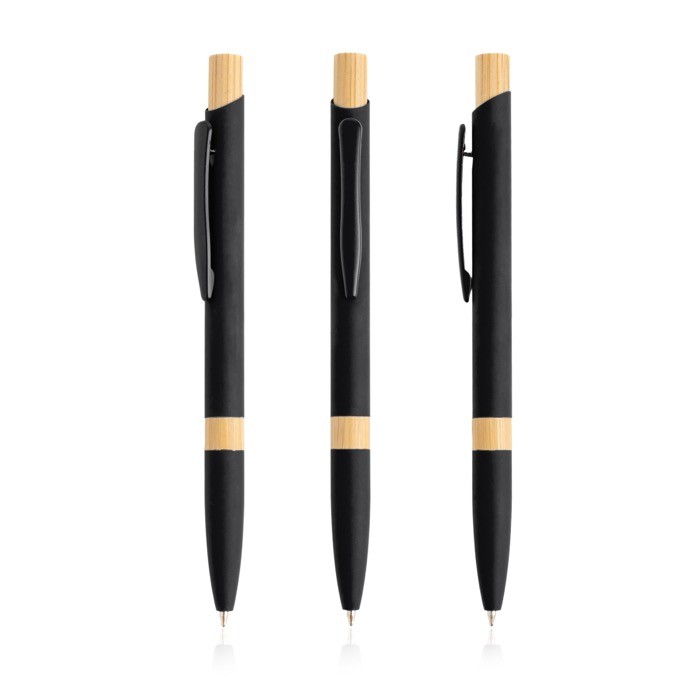 Bolígrafo de aluminio reciclado con detalles de bambú tinta azul color negro vista 11