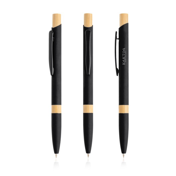 Bolígrafo de aluminio reciclado con detalles de bambú tinta azul color negro vista con logo impreso