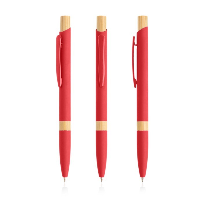 Bolígrafo de aluminio reciclado con detalles de bambú tinta azul color rojo