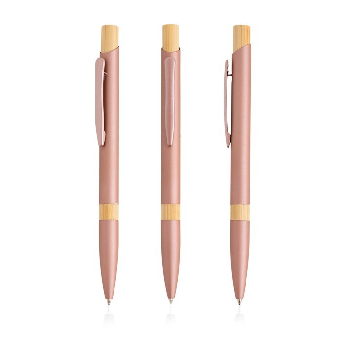 Bolígrafo de aluminio reciclado con detalles de bambú tinta azul color oro rosa