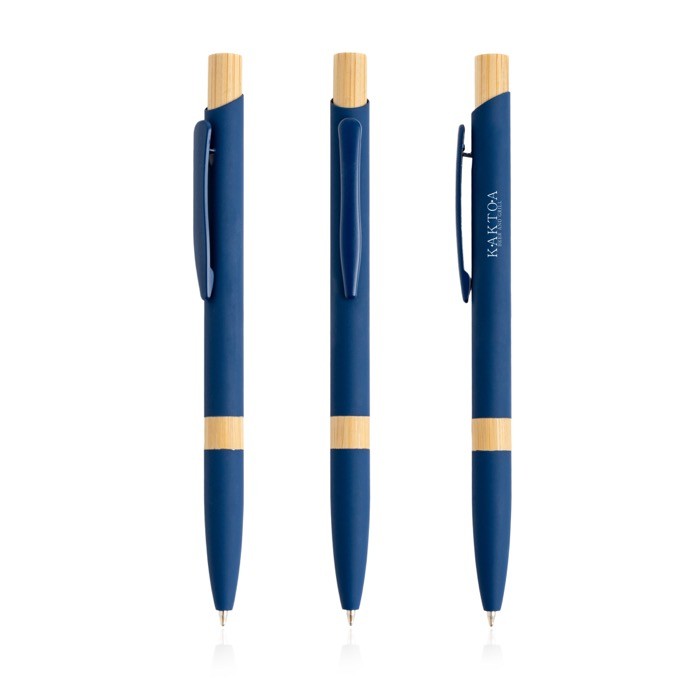 Bolígrafo de aluminio reciclado con detalles de bambú tinta azul color azul marino vista con logo impreso